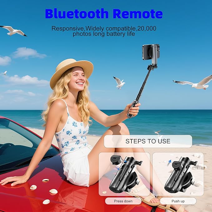 for Magsafe Tripod Stand for iPhone,Portable Pocket Size Selfie Stick with Rechargeable Remote and Metal Ring,Extendable Detachable Cell Phone Tripod Compatible with iPhone/Android