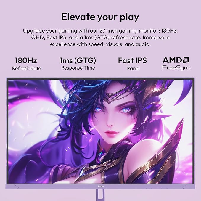 Pixio PX278 Wave Purple 27 inch 180Hz Refresh Rate QHD 1440p Resolution Fast IPS Panel 1ms GTG Response Time Purple Gaming Monitor with Adaptive Sync