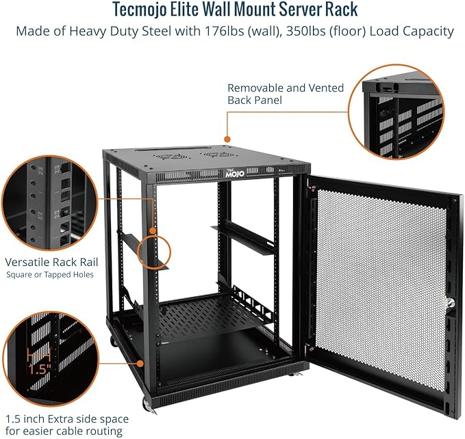 Tecmojo 15U Wall Mount Rack,15U Rack 17.7 Inch Depth,Hold Up to 176 Lbs,Enclosed Wall Mount Rack Kit for 19 Inch Network,Server and AV Gear,Mesh Door(Elite Collection)