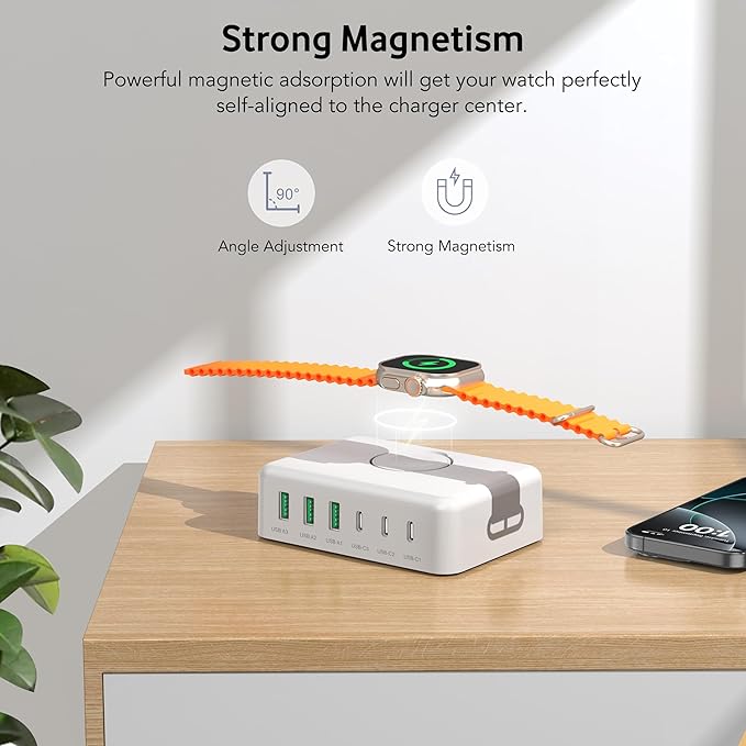 125W USB C Fast Charger Charging Station Block for Apple Watch Charger, USB C 6 Port PD GaN Fast Charger Hub Power Adapter for iPad iPhone 16 15 14 13 12 Apple Watch 10 9 8 7 6 5 Galaxy S23 Note 20