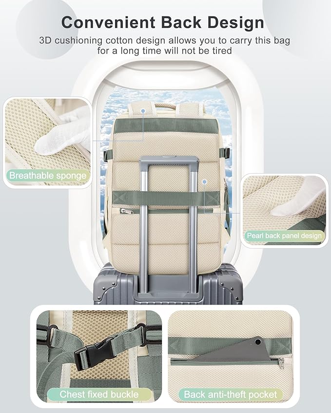 VECAVE Carry On Backpack for Women,Large Travel Backpack Flight Approved,Waterproof 14 Inch Laptop Backpack Business Work Backpacks Men Mochila De Viaje Beige