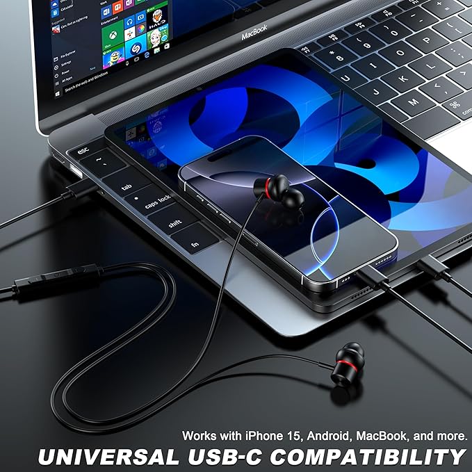 USB C Wired Headphones,【Active Noise Cancelling & One-Click ANC Toggle Button】 Ear Buds for iPhone 16 15 Pro Max USBC Earphones,Hi-Res Sound Type C Earbuds Compatible with iPhone/Android/Galaxy/iPad
