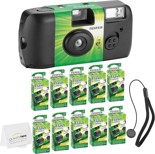 Fujifilm QuickSnap Flash 400 Disposable 35mm Camera + Hand Strap + Quality Photo Microfiber Cloth (10 Pack)