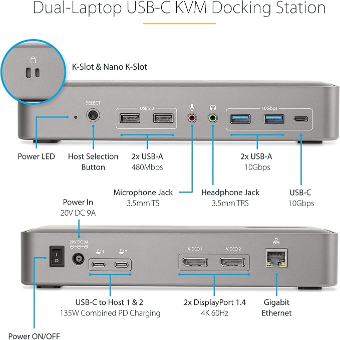 StarTech.com Dual-Laptop USB-C KVM Docking Station, Dual Monitor 4K 60Hz DisplayPort Dock, 5-Port USB Hub, GbE, 90W/45W Power Delivery to Two Laptops, Windows/Mac, 2-Host KVM Dock, TAA