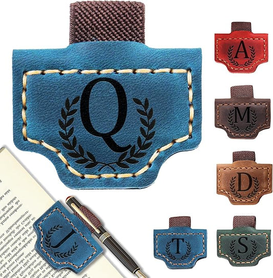Personalized Bygone Mark Bookmark with Pen Holder, Leather Magnetic Bookmark 26 Letters Name Initial Bookmarks for Readers, Book Lover Gifts for Women Men Notebook Accessories (Blue, Q)