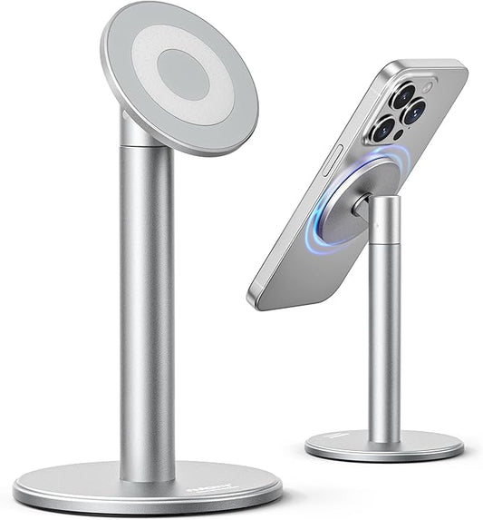 Nulaxy Magnetic Full Aluminum Phone Stand, 360 Rotating Cell Phone Stand for Desk with Metal Ring, Adjustable Phone Holder Compatible with Phone 17 16 15 14 13 Pro Max and MagSafe Case, Silver