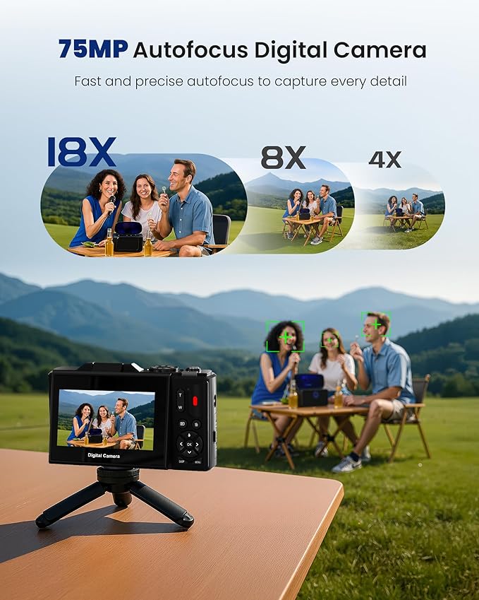 IWOBAC 5K Digital Camera for Photography - 75MP Autofocus Vlogging Camera with 64GB SD Card, WiFi, 18X Zoom 3" 180° Flip Screen Compact Travel Camera with 2 Batteries for Teens and Beginner