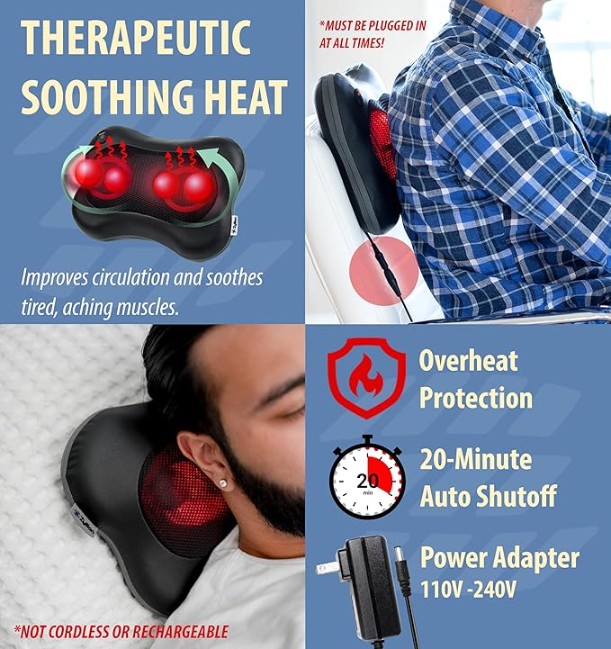 Zyllion Shiatsu Back and Neck Massager with Heat - 3D Electric Kneading Deep Tissue Massage Pillow for Muscle Pain Relief, Black, ZMA-13