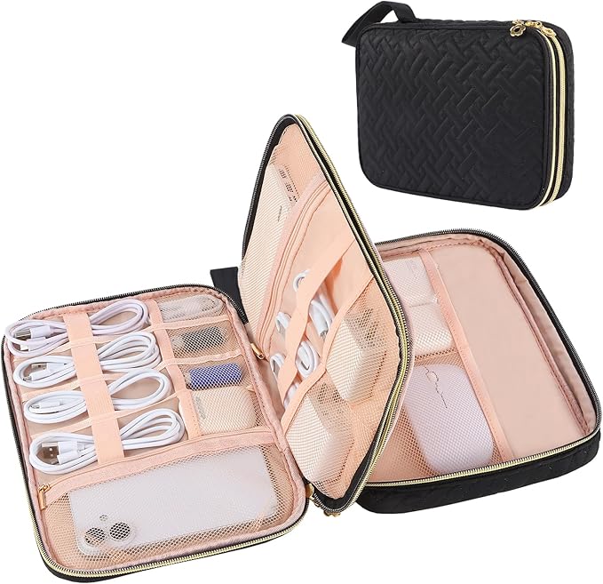 Electronics Organizer Travel Case, Charger Bag Cord Organizer Travel, All-in-One Cable Organizer Bag for Charger, Cords, Phone, Headphones, Flash Drive, SD Card (Black, Large-Double Layer)