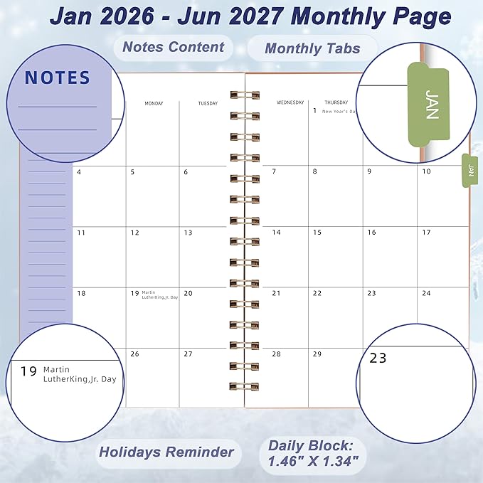 Day Planner 2026-2027, 2026 Weekly and Monthly Planner, Jan 2026-Jun 2027, 18 Month Calendar Planner with Tabs Sticker, A5 Size, Pink