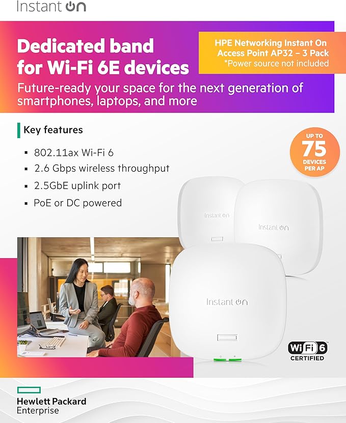 HPE Networking Instant On Access Point AP32 2x2 WiFi 6E Indoor Wireless Access Point (3 Pack) | Secure, Tri-Band, Future Ready | Power Source Not Included | US Model (S1T22A-3PACK)