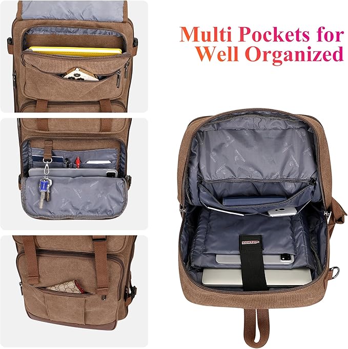 WITZMAN Canvas Travel Backpack for Men Large Laptop Backpack Fit 17 inch Carry-on Airline Approved Convertible Shoulder Rucksack(A6617-3 Brown)