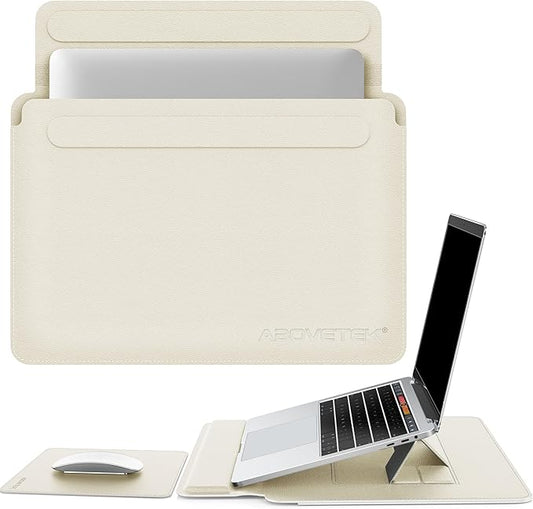 AboveTEK Laptop Sleeve Case for 13-14 inch MacBook Air/Pro, Slim Laptop Case with Stand, Ergonomic Wrist Rest & Mouse Pad, Waterproof Anti-Scratch Leather Bag for 13-14 Surface HP (Beige)