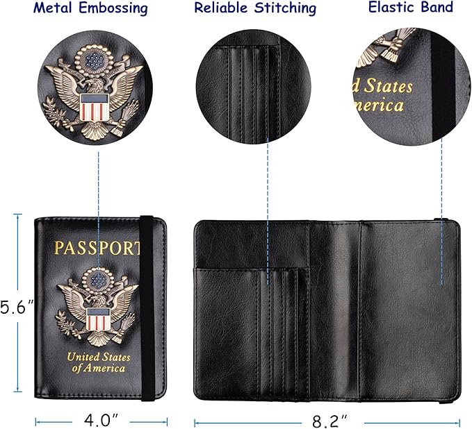 TOURSUIT RFID Blocking Passport Holder for Women Men, Leather Passport Travel Wallet with Metal 3D Metal Badge, Travel Document Holder Cover Accessories (Black)