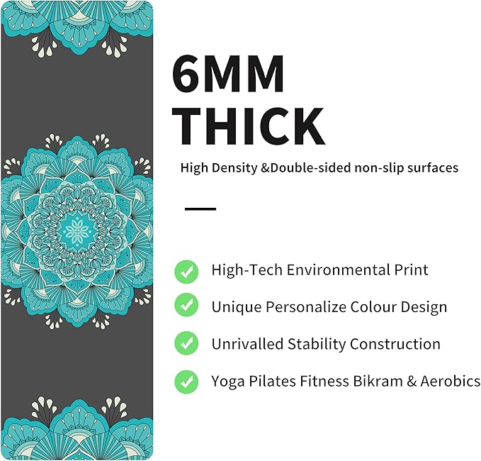 nuveti Yoga Mat Print Extra Thick TPE Non Slip Fitness Exercise Mat with Carrying Bag,72"x24" Extra Thick 6MM Exercise & Workout Mat for Yoga, Pilates Fitness and Floor Exercises