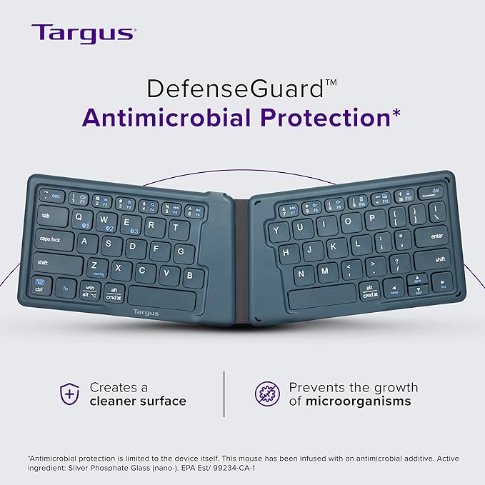 Targus Ergonomic Foldable Bluetooth Keyboard, Split Travel Keyboard Wireless, Rechargeable Portable Wireless Keyboard for Android iPhone Microsoft & Apple Tablets, Blue (PKF00302US)