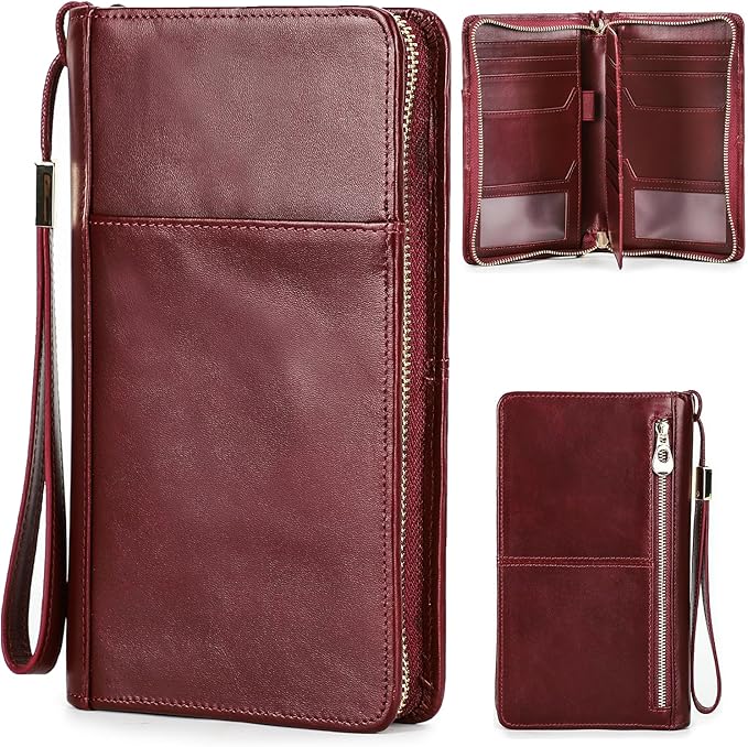 Top Grain Leather Travel Passport Wallet Holder for Man & Woman, Handmade with Three-Layer for 4 Passports & Multi Cards, RFID Blocking Large Capacity for Cards/Passports/Tickets, Burgundy