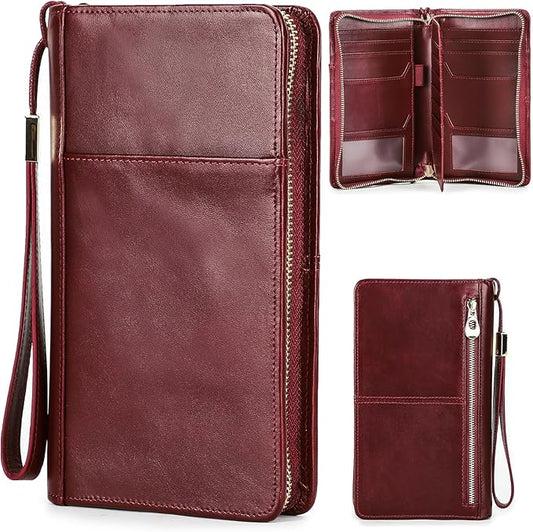 Top Grain Leather Travel Passport Wallet Holder for Man & Woman, Handmade with Three-Layer for 4 Passports & Multi Cards, RFID Blocking Large Capacity for Cards/Passports/Tickets, Burgundy