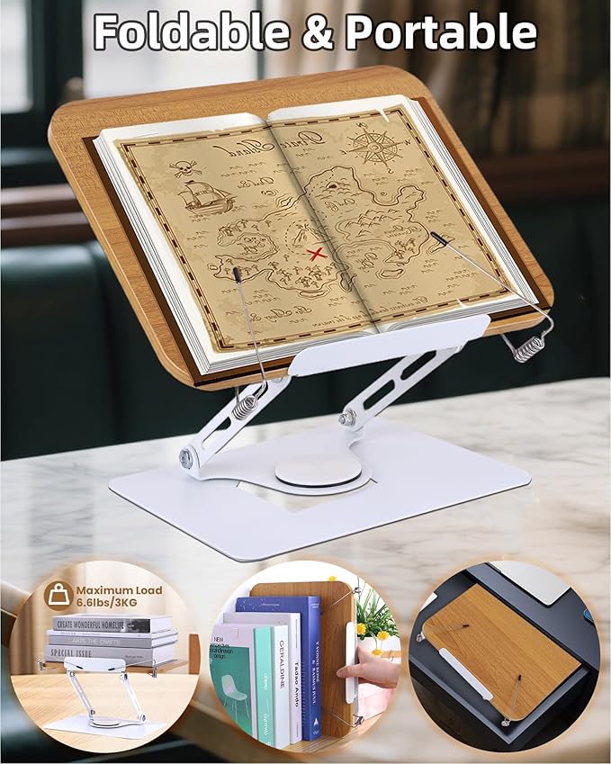 ASIEIT Book Stand for Reading, Adjustable Book Holder with 360° Rotating Base & Elastic Page Clips, Foldable Cookbook Stand, Portable Display Stand for Bible, Recipe, Magazine, Tablet, Laptop, Natural