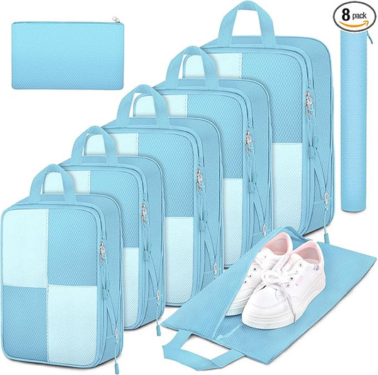 8 Set Compression Packing Cubes for Travel, Expandable Waterproof Travel Organizer, Lightweight Luggage Organizer with Shoes & Laundry Bags, Travel Accessories for Men Women, Light Blue