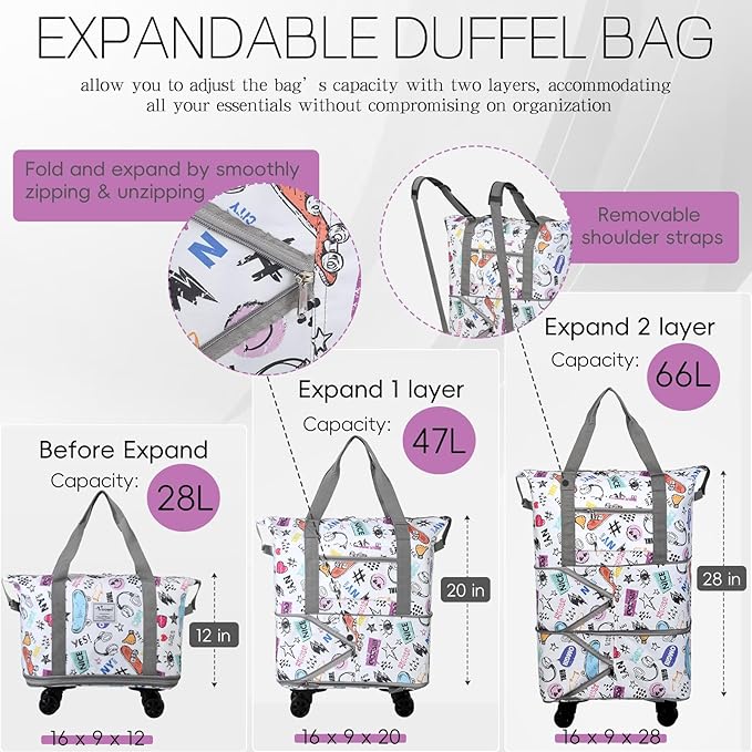 VOOWO Rolling Duffel Bag with Wheels - Foldable Expandable Duffle Bag with Wheels for Travel, Rolling Luggage Bag Carry On Bag with Wheel, Large Rolling Backpack Weekend Bag for Men Women (White)