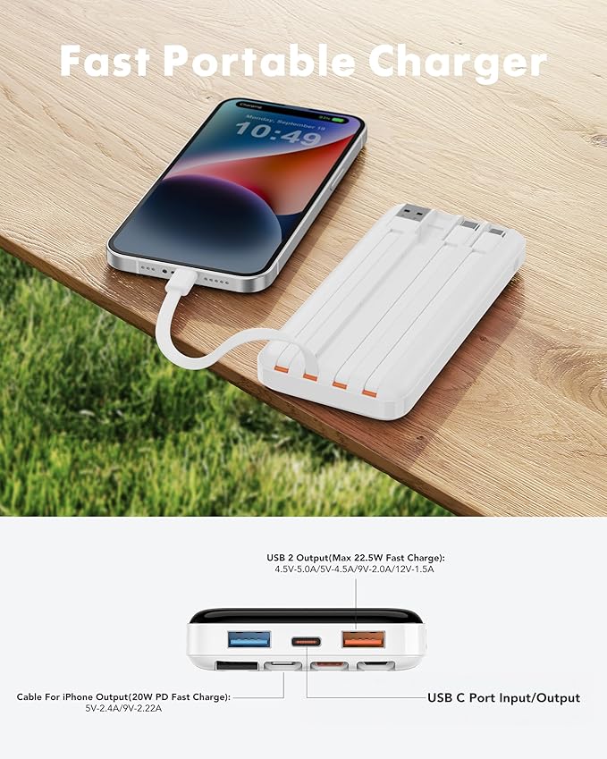 charmast 20000mAh Portable Charger with Built in Cables, 22.5W Travel Power Bank Fast Charging, USB C Cell Phone Battery Pack for iPhone 16/15/14/13/12/11 Series, iPad, Samsung, Android, Tablet
