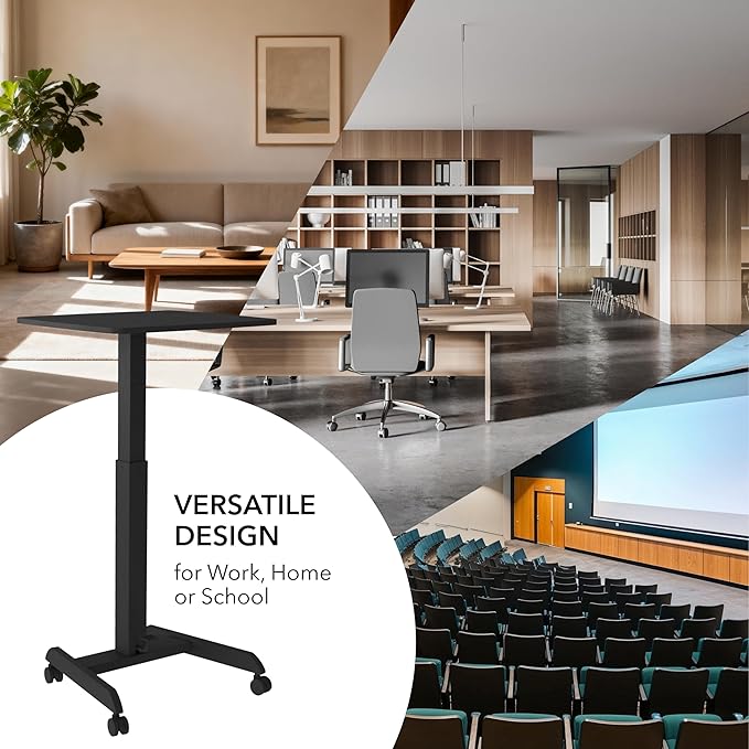 Mount-It! Rolling Laptop Desk Adjustable Height (29.6”-44.2”), Mobile Workstation Cart with 23.6” x 20.5” Desktop, Small Sit-Stand Desk for Home, Office, or Classroom in Black