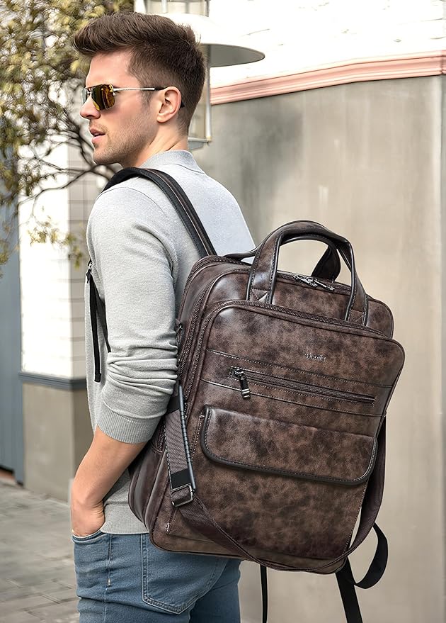 Shrrie Laptop Backpack for Women and Men, 15.6 Inch Vegan Leather Computer Backpack Professional Water-Resistant Casual Daypack for Work Business College Travel Office,Two-toned Coffee