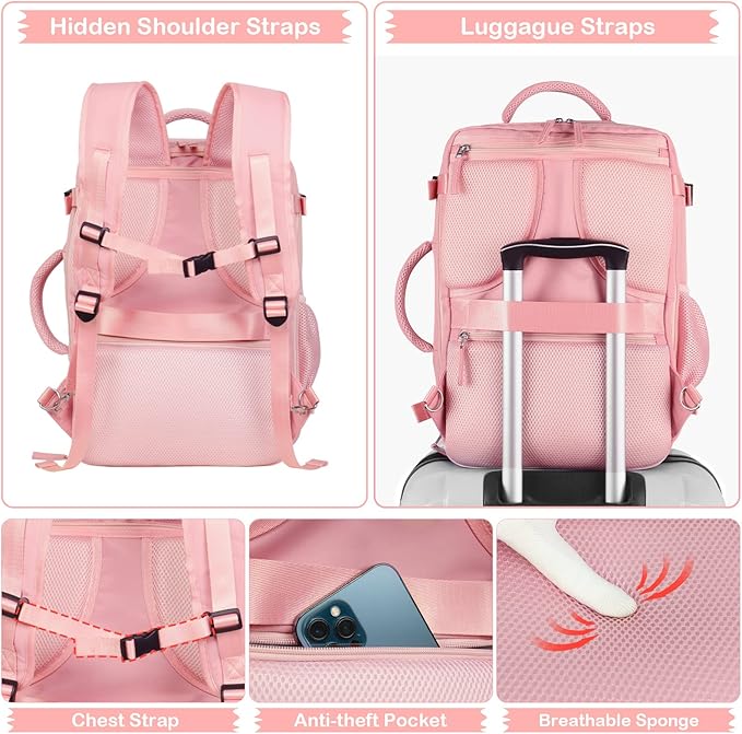 Hanples Carry on Travel Backpack for Women, Large 35L Personal Item Luggage Backpack,17 inch Laptop Backpack TSA Flight Approved, Travel Essentials Casual Daypack with 2 Toiletry Bags (Pink)