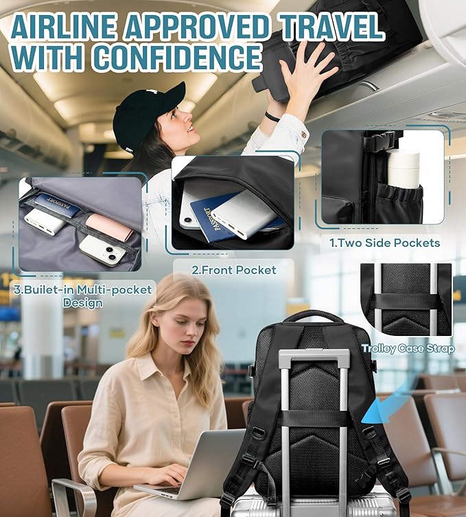 Vacuum Travel Backpack with Pump Women Personal Item Carry on Vacpack Backpacks Flight Approved 18x14x8 inches Men Laptop Waterproof Work Compression bags Casual Daypack Black Vacuum seal backpack