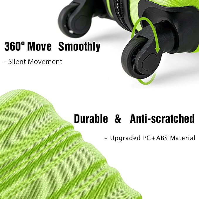 LONG VACATION 6 Piece Luggage Set Carry on Suitcase with ABS+PC hardshell, Spinner Wheels & YKK Zipper TSA Lock (APPLE GREEN, 6 piece set)