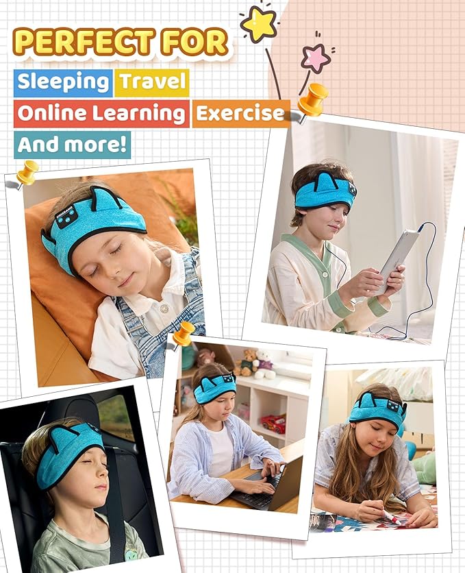 KIDSBAND Kids Headphones, Toddler/Baby Bluetooth Headband, Wireless Sleep Headphones for Kids with Wired Playback 3.5 MM Jack for Teens/Boys/Girls/School/Kindle/Airplane Travel/Plane/Tablet
