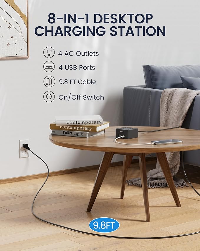 Power Strip USB Surge Protector - SUPERDANNY 9.8ft Mountable Charging Station with 4 Widely Spaced Outlets & 4 Smart USB Ports, Desktop Extension Cord for Home, Office, Hotel, Dorm, Room, RV, Black