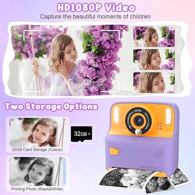 Kids Instant Print Camera, Portable Travel Toys Camera for Toddler, Print Black & White Photos Instantly, Ideal Birthday for Boys & Girls Ages 3–12 with Selfie Mirror (Purple)