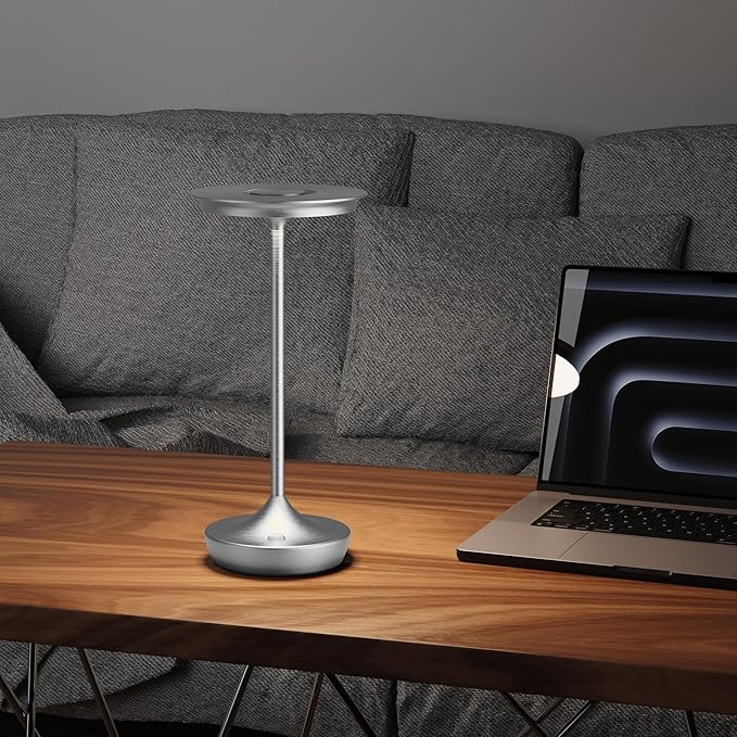 LED Cordless Table Lamp Rechargeable - Outdoor 6000mAh Battery Operated Portable Table Lights 3 Color Stepless Dimming Table Lamps with Memory Function for Patio Restaurant Dining Silver