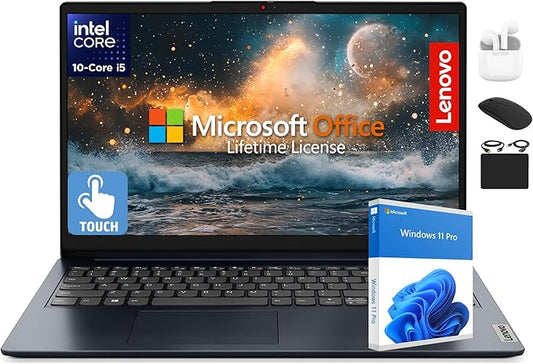 Lenovo IdeaPad 15.6” Flagship Touchscreen Laptop 2025, 10-Core Intel i5, Lifetime Office 2024, Copilot AI, 16GB RAM, 1TB Storage (500GB SSD + 500GB Ext), HubxcelAccessory, Long Battery, Win 11 Pro