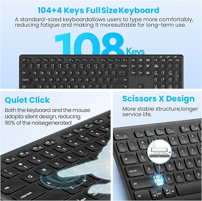 K9300 Multi-Functional Keyboard, 2.4G Wireless USB and Dual Bluetooth, Support Multi Device Switching, Full Size, Scissor-Switch Keys Silent Design for Computer, Laptop, MacBook and iPad.