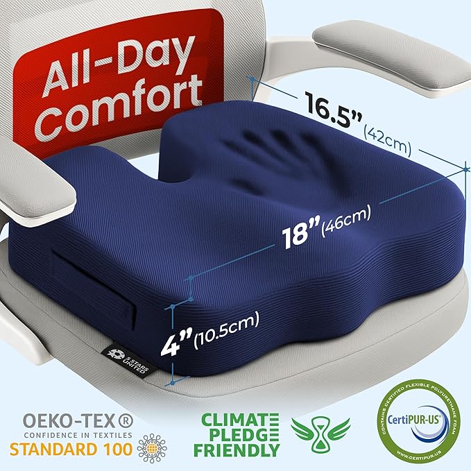 5 STARS UNITED Seat Cushion for Tailbone Pain Relief – Large Memory Foam Lifting Pillow for Coccyx, Hip, Sciatica & Post-Surgery Recovery – Wheelchair, Car, Desk, Gaming & Office Chairs, Blue