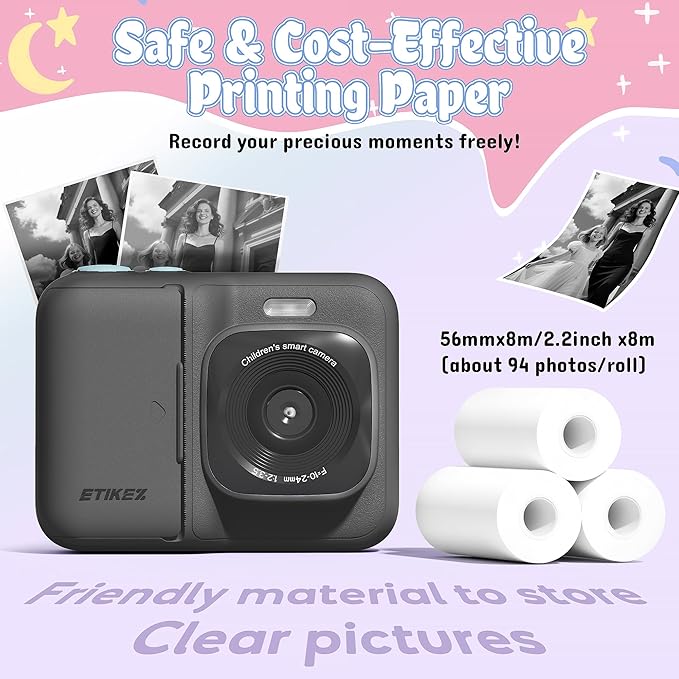 Kids Camera, 1080P Instant Digital Print Camera for Kids, Christmas Birthday Gifts for 4 5 6 7 8 9 10 Year Old Girls Boys, Portable Toy with 32GB SD Card & 3 Rolls Printing Paper, Black