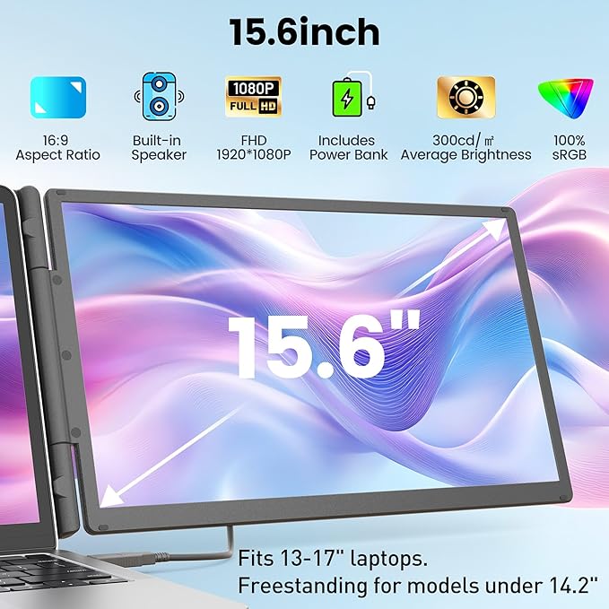 15.6" Laptop Screen Extender, Includes Power Bank, FHD 1080P IPS Triple Laptop Monitor Extender for 13-17" Laptops, Plug & Play with HDMI/USB-A/TYPE-C/Hub, Compatible with Windows, Mac, Android