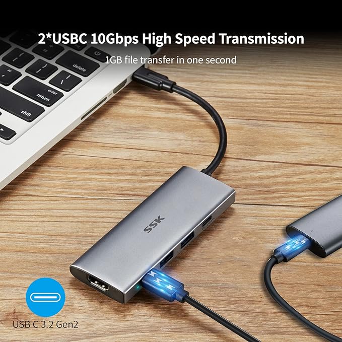 SSK 100W USB-C HUB, USB3.2 Gen 2 10Gbps 5 in 1 Type C Multiport Adapter with 4K HDMI, 2 USB C with 1 PD Powered, 2 USB A 3.2 Gen2 Ports, SuperSpeed USB Dock for Laptop MacBook Pro Air Dell Hp Lenovo