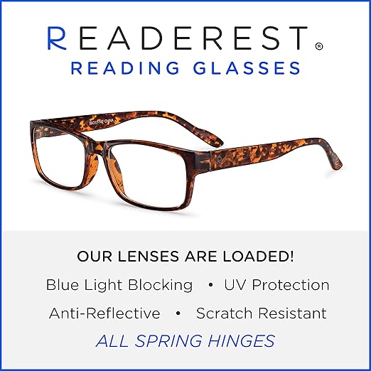 Readerest Blue Light Blocking Reading Glasses (Tortoise, 2.00 Magnification) - Computer Eyeglasses With Thin Reflective Lens, Antiglare, Eye Strain, UV Protection, Stylish For Men And Women