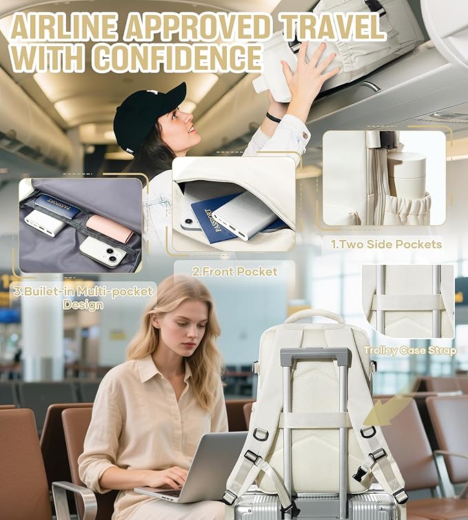 Vacuum Travel Backpack with Pump for Women, Personal Item Carry on Vacpack Backpacks Flight Approved 18x14x8 inches for Men,Laptop Waterproof Work Compression bags Casual Daypack,Beige