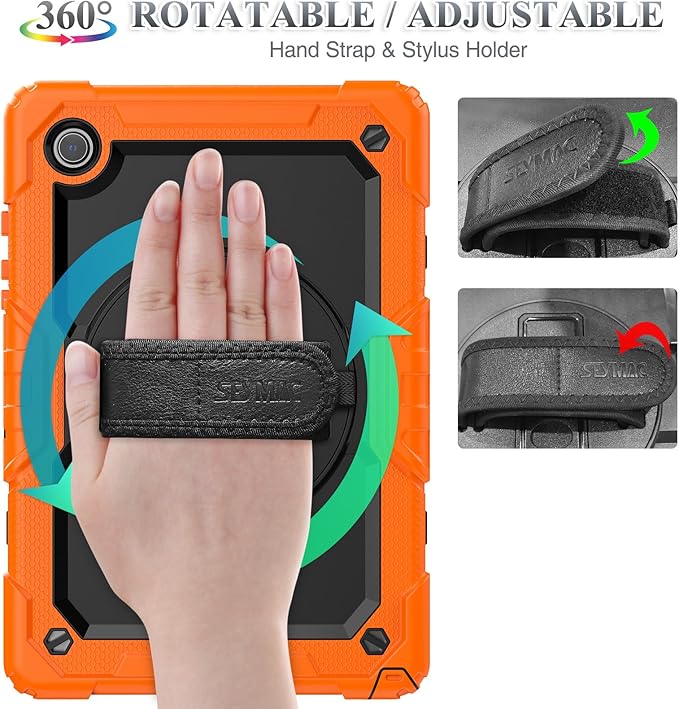 SEYMAC stock Case for Samsung Galaxy Tab A9+ Plus 11'', Full-Body Drop Protection Case with Screen Protector Pencil Holder [360° Rotating Hand Strap] &Stand, Orange+Black