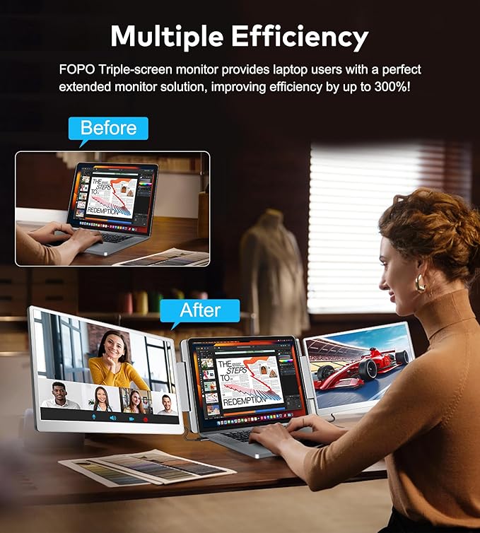 FOPO Portable Monitor for Laptop - 16” FHD 1200P Triple Monitor Laptop Screen Extender with HDMI and USB-C Connectivity for Effortless Multitasking-S11