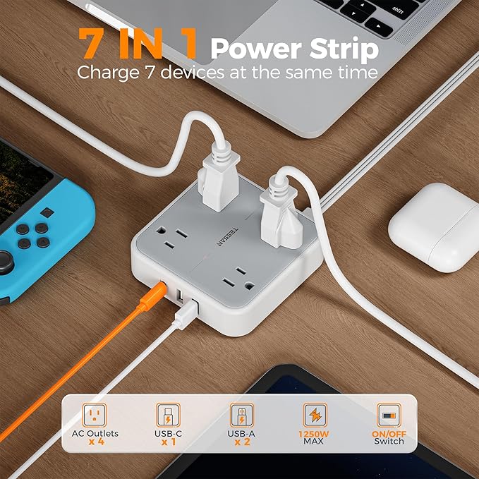 Extension Cord 10 ft, TESSAN Surge Protector Power Strip Long Cord with 3 USB(1 USB C) 4 Outlets, 900 Joules Protection, Small Desktop Multiple Charging Station for Home School Dorm Room Office, Grey