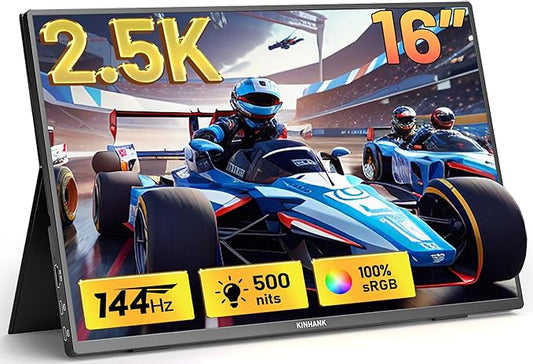 2.5K 144Hz Portable Gaming Monitor 16", 2560x1600, Plug & Play, 100% sRGB, 500nits, 16:10, Eye Care Second Computer Display with Speakers for Laptop, PC, Mac, P-S4/5, Sw-tch, X-BO, USB-C/HDMI, (K16G)