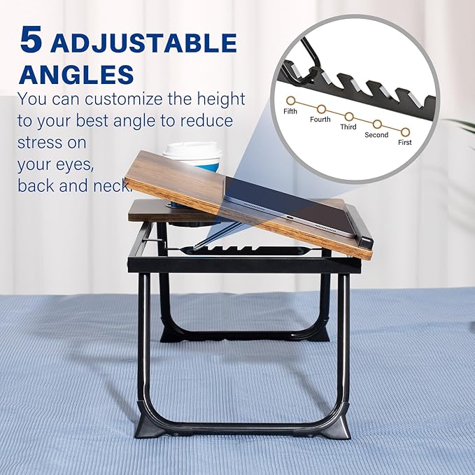 Laptop Desk for Bed Couch, Adjustable Foldable Bed Table with Cup Holder, Breakfast Serving Tray, Portable Laptop Lap Desk Stand for Working Reading Writing Eating Gaming in Bed Sofa Floor(RetroBrown)