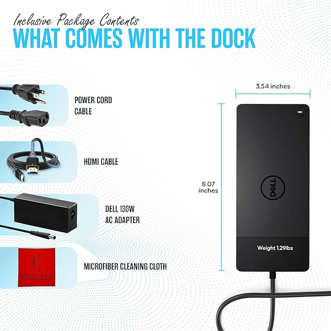 WD19 Dell Dock Station USB C - Docking Station Dual Monitor with 130W, HDMI Cable, Dual DisplayPort & Microfiber Cleaning Cloth - Laptop Docking Station (Renewed)