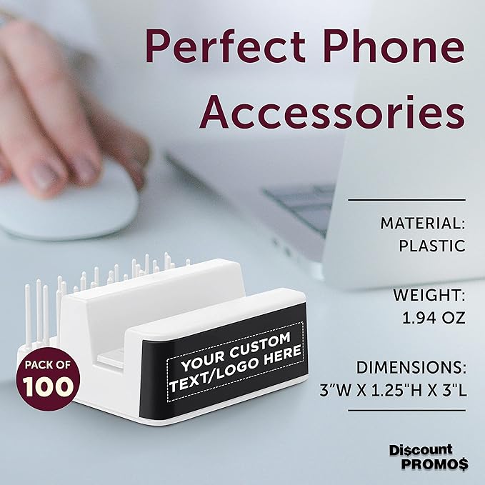 DISCOUNT PROMOS Custom Light Up Logo Phone Stands Set of 100, Personalized Bulk Pack - Essential Smartphone Accessory, Perfect for Office and Home - White
